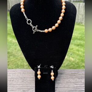 Vintage Faux Gold Pearl Necklace/Earring Set Toggle Clasp